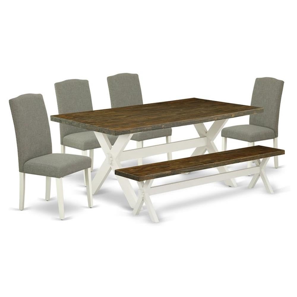 East West Furniture X077En206-6 6 Piece Dining Table Set Contains A Rectangle Kitchen Table With X-Legs And 4 Dark Shitake Linen Fabric Parson Chairs With A Bench, 40X72 Inch, Multi-Color